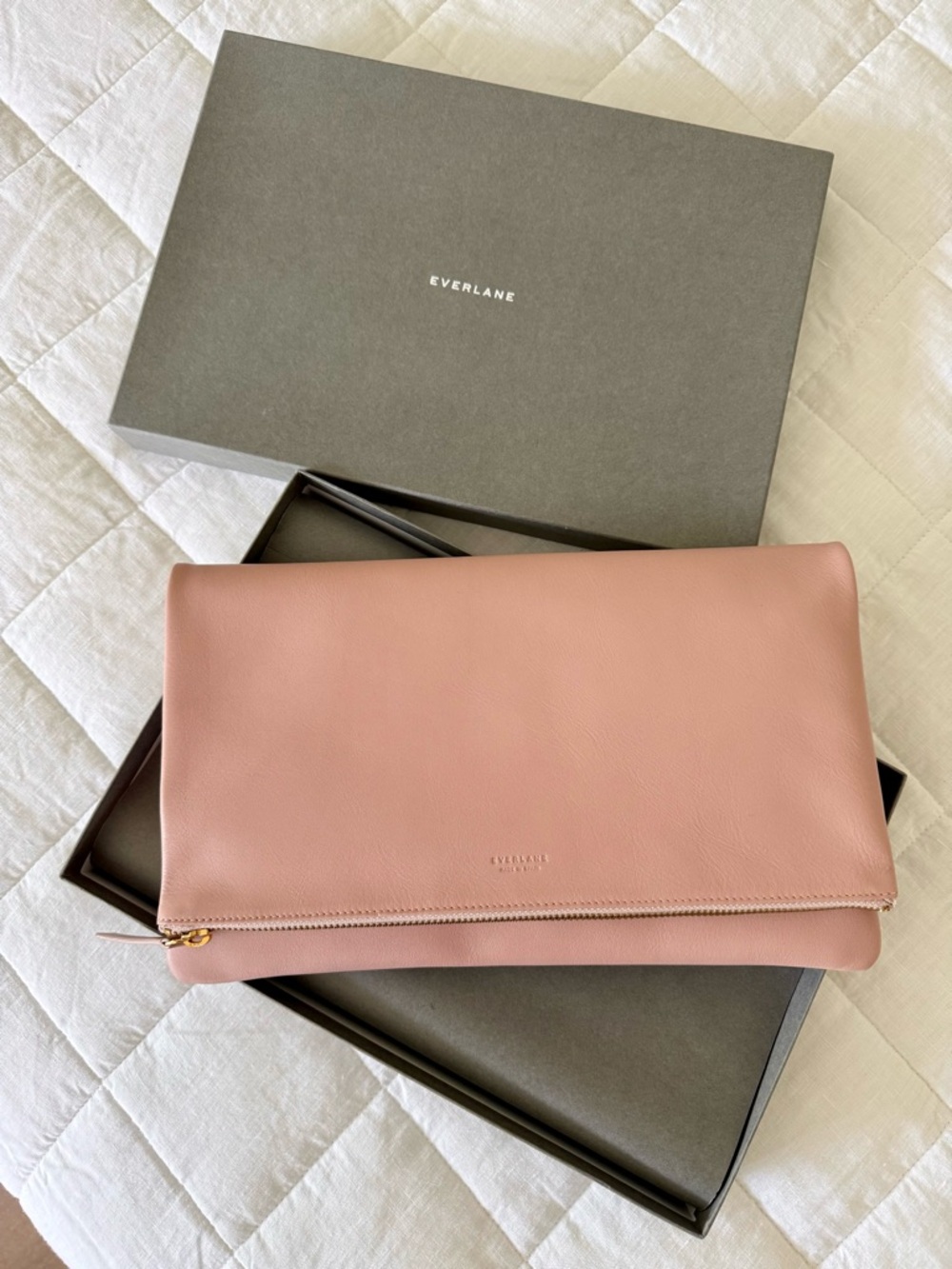 Everlane Dusty Pink Leather Foldover Clutch with Gold Zip